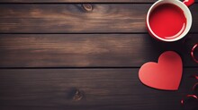 Card For Valentines Day, Red Toy Heart And A Cup Of Coffee On A Dark Wood Background. Toning. Selective Focus