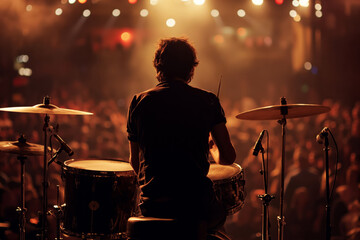 Wall Mural - A drummer at a concert in the background of the audience, with his back playing the drums