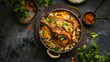Hyderabadi Chicken Biryani, a flavorful delight in a flat metal bowl