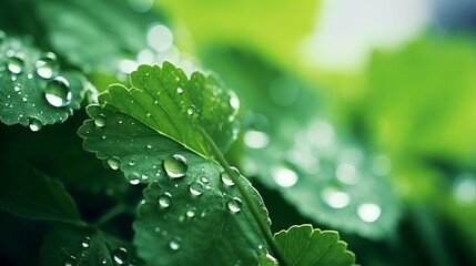 Wall Mural - Large beautiful drops of transparent rain water on a green leaf macro. Drops of dew in the morning glow in the sun. Beautiful leaf texture in nature. Natural background