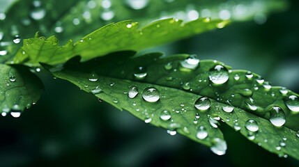 Wall Mural - Large beautiful drops of transparent rain water on a green leaf macro. Drops of dew in the morning glow in the sun. Beautiful leaf texture in nature. Natural background