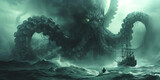 Fototapeta  - Kraken is a mythological sea monster in the form of a giant octopus that can attack fishing boats. ai generated