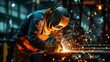 Welder with sparks flying, showcasing a skilled tradesperson working on a metal fabrication project