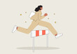 © KPstudio - Character overcome obstacles to succeed in her work concept. Obstacles or motivation to solve problem and lead company achievement, businesswoman jump over hurdle race obstacle vector illustration.