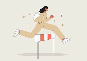 Character overcome obstacles to succeed in her work concept. Obstacles or motivation to solve problem and lead company achievement, businesswoman jump over hurdle race obstacle vector illustration.