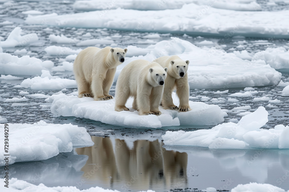 Family of Polar Bears on Ice Floe in the Arctic Sea Representing ...