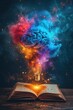 Innovation education Intelligence collage with open book, brain, light bulb and colorful smoke, wallpaper, generative AI