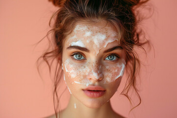Wall Mural - young woman with a bun with soap facial cleaner on her face. skincare beauty product commercial port