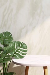 Poster - White marble table and tropical plant on plain wall background