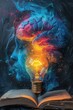 Innovation education Intelligence collage with open book, brain, light bulb and colorful smoke, wallpaper, generative AI