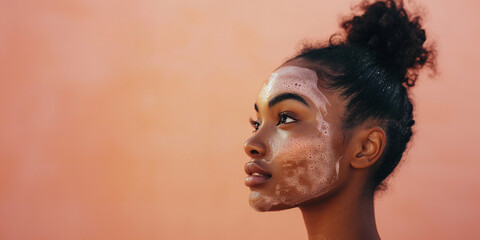 Wall Mural - young black woman with a bun with soap facial cleaner on her face. skincare beauty product commercia