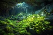Luminous Cave with Moss and Light. Bioluminescent lights and moss in a mystical cave setting.