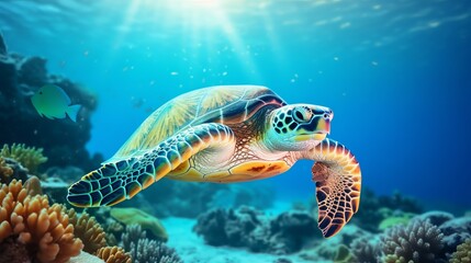Wall Mural - Colorful wide blue coral reef underwater world background with tropical fish and turtle. Wonderful indian ocean at Maldives diving travel tourism and snorkeling concept