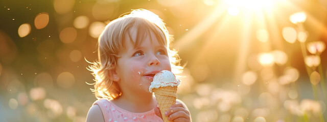 Wall Mural - happy little girl eating ice cream in nature