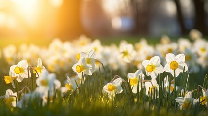 Daffodils in sunshine in springtime, easter flowers in green spring meadow on blurred bokeh background, blooming narcissus in sunlight