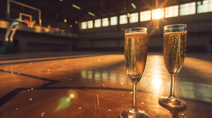 Cinematic wide angle photograph of two glasses of champagne ar a basketball court. Product photography.