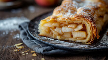Traditional homemade apple strudel on black plate and wooden background with copy space.