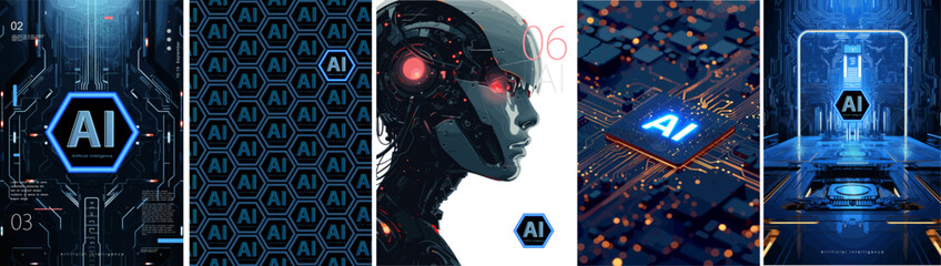 Artificial intelligence. AI. Modern technologies. Vector illustration of logo, pattern, futuristic background and robot woman for flyer, poster or cover