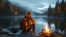 A Hiker In A Warm Orange Jacket Sits Contemplatively By A Campfire, Gazing At A Misty Lake As Evening Descends On The Forest.