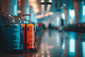 Two suitcases in an empty blurred airport hall with copy space. Travel concept.