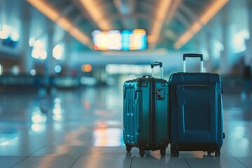 Two suitcases in an empty blurred airport hall with copy space. Travel concept.