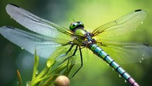 Emerald Dragonfly Sitting On A Leaf Of Green Juicy Grass. Generative AI
