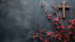 top view flat lay wooden cross and red flowers branch on black background for Good Friday with copy space - AI Generated
