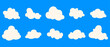 Set of simple white clouds. Vector naive art illustration. Elements on blue background.