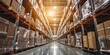 © Irfanan - A bright spectacle in the warehouse, where a pallet of boxes is encircled by tall shelves gleaming in bright light, establishing an inviting and well-organized storage ambiance