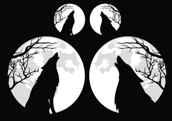 Wall Mural - sitting howling wolf profile head and full moon white disk with tree branches vector silhouette outl