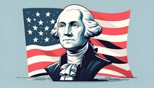Illustration Of A George Washington With An American Flag In The Background For Presidents Day In Vector Style.