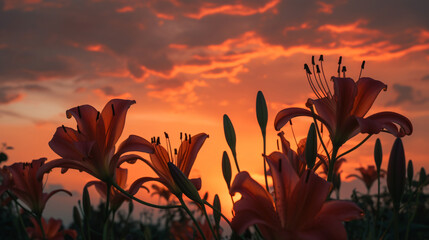 Poster - lily blooms against the vibrant hues of a sunset sky