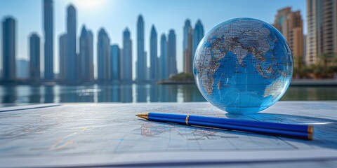 Aufkleber - Global Business Strategy: A Detailed Globe on a Desk Surrounded by Financial Reports, Symbolizing International Trade and Economic Planning, Generative AI