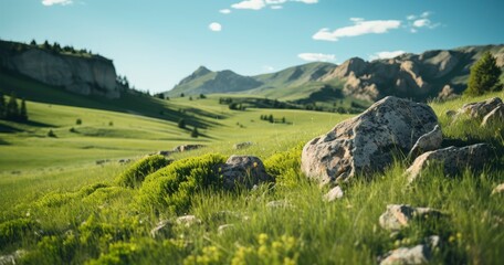 Wall Mural - Meadow with green grass and mountains in background,