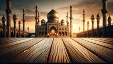 Wooden Floors In The Foreground Lead To A Blurred Background Of An Ornate Mosque With A Golden Dome