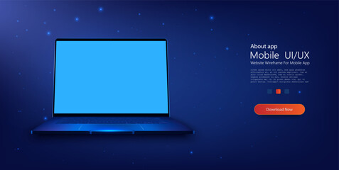 Wall Mural - Sleek Laptop with Glowing Blue Backlight and Empty Screen. Modern laptop with a vibrant blue backlight illuminating the keyboard and a blank screen, perfect for your customizable content. Vector