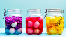 Dyeing Easter Eggs In Glass Jars With Natural Ingredients.