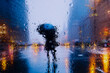 View through a glass window with raindrops on a blurred silhouette of a girl on a autumn city street after rain against the bokeh of city lights, night street scene. Focus on raindrops on glass	