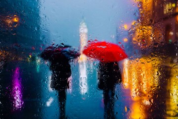 View through glass window with rain drops on blurred reflection silhouettesof a man andgirl in walking on a rain under umbrellas and bokeh city lights, night street scene. Focus on raindrops on glass	