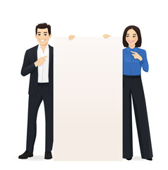 Wall Mural - Smiling Asian business man and woman standing behind and pointing to the empty blank board isolated vector illustration