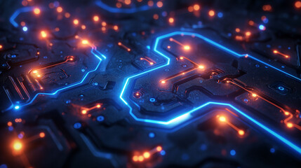Wall Mural - Blue glowing circuit board background with digital technology and electric lines