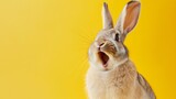 Fototapeta  - Happy funny excited rabbit hare with long ears and wide open mouth on bright background, banner with copy space