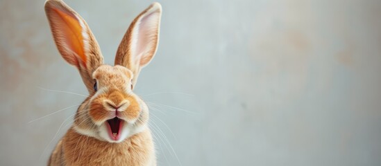 Sticker - Happy funny excited rabbit hare with long ears and wide open mouth on bright background, banner with copy space