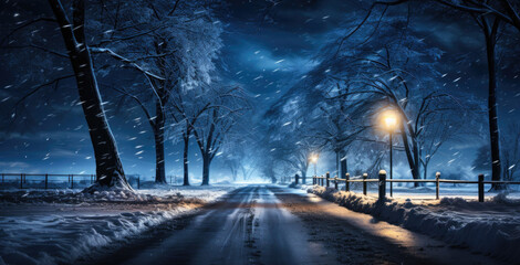 Wall Mural - Nighttime Snow with Trees, winter path and bench under glowing lamps in winter city park.