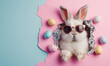 Easter Bunny peeking out of a hole with chocolate easter eggs on pastel wall banner, Generative AI