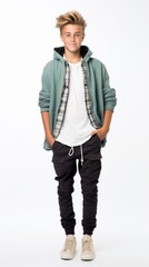 Poster - Stock image of a teenage boy in fashionable clothing on a white backdrop Generative AI