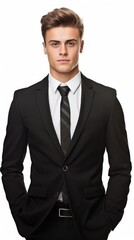 Aufkleber - Stock image of a young man wearing a formal suit on a white background Generative AI