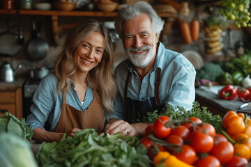 Canvas Print - Two individuals standing by a kitchen table adorned with an array of farm-fresh vegetables