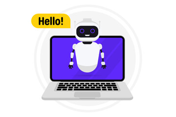 Fototapete - Chat bot in laptop. Online assistant. Communication with a chat bot on laptop computer. Talking to a chatbot on device. Artificial intelligence. Customer service and support bot. Technical support