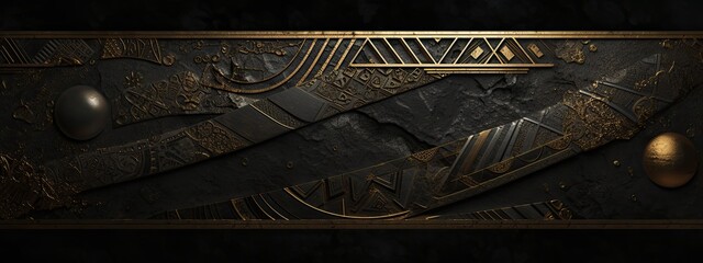 A stunning black and gold background with intricate patterns and textures, reminiscent of ancient Egyptian hieroglyphics